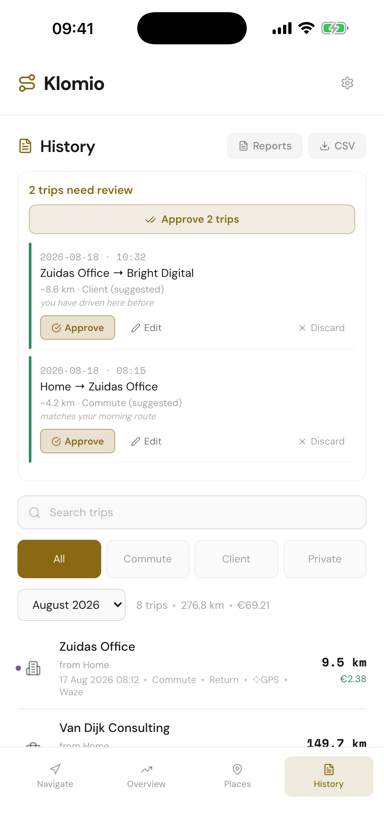 Klomio review inbox on iPhone, showing two auto-detected trips ready for one-tap approval