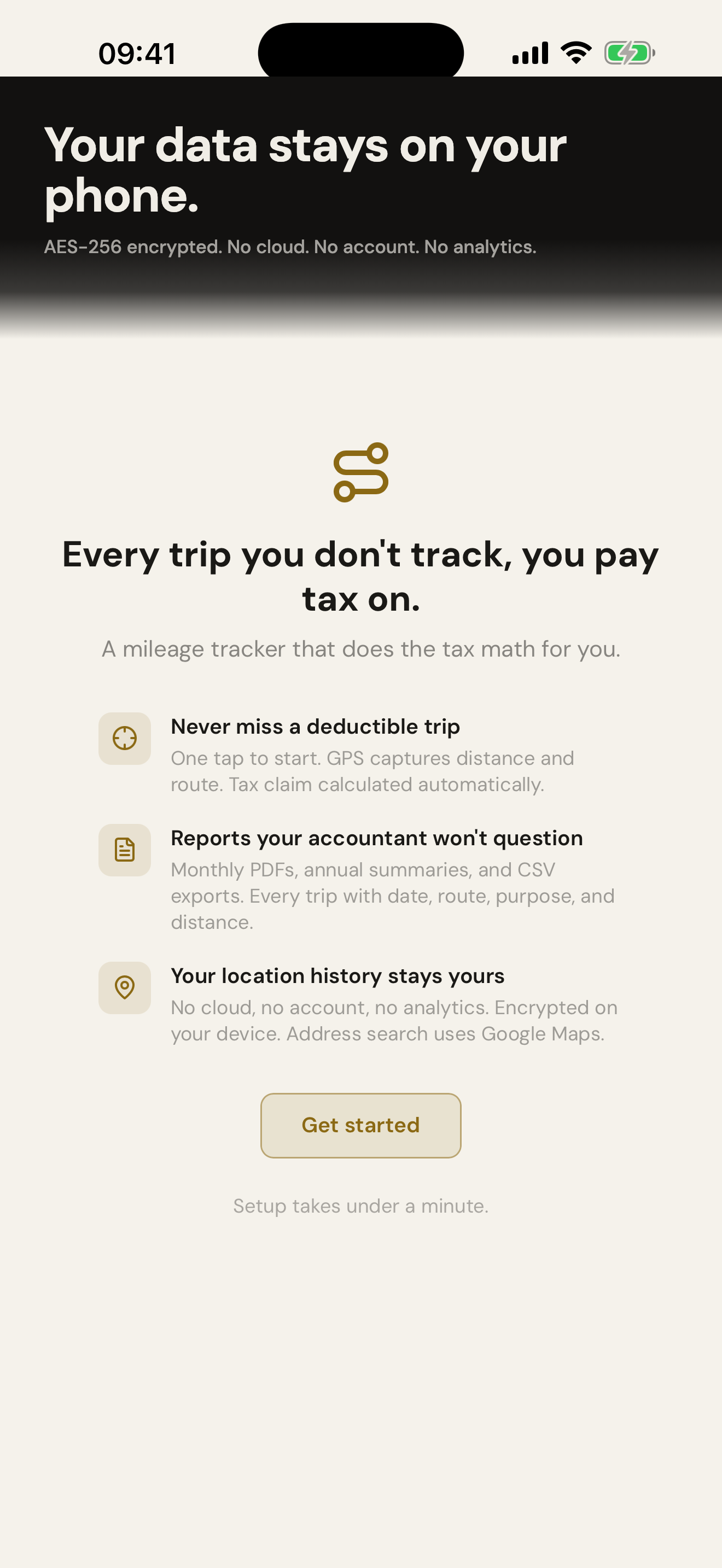 Klomio welcome screen on iPhone, showing the privacy-first onboarding